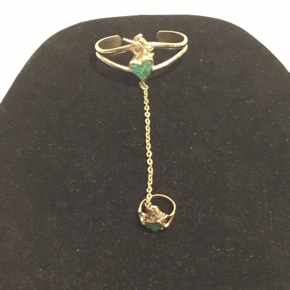 Vintage Turquoise inlay unicorn slave bracelet with chain & size 8 ring